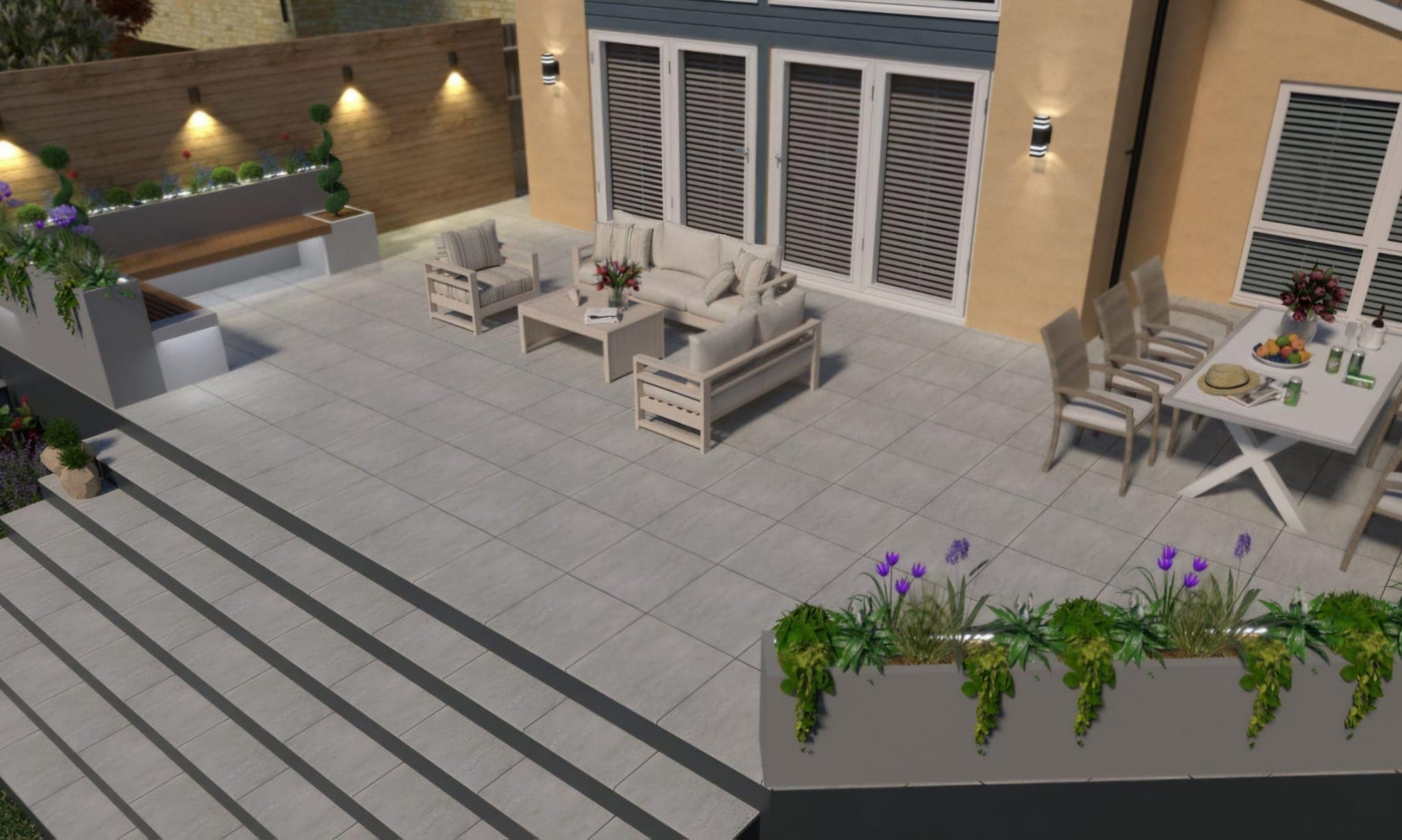 3D visualisation render of the planned outdoor living space with porcelain paving and planters