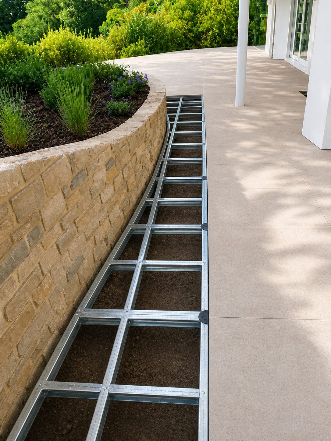 iFrame steel exposed: frame following the exact curve of a stone garden wall, with one tile removed to show the structure beneath