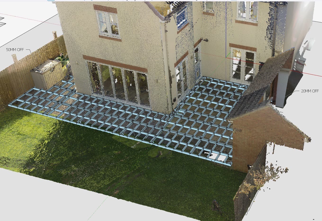 Point cloud scan with iFrame design showing 50mm and 20mm precision offsets