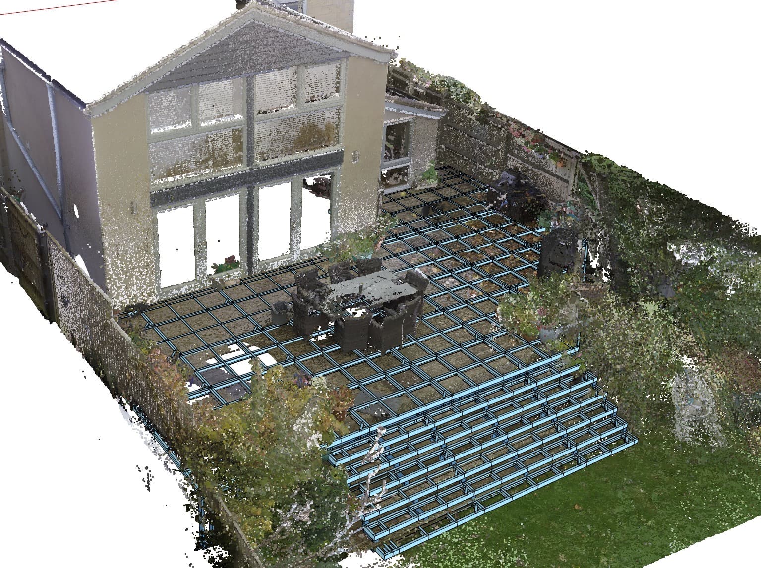 3D point cloud of a garden with multi-level iFrame steel framework overlaid: showing terraced design from scan data