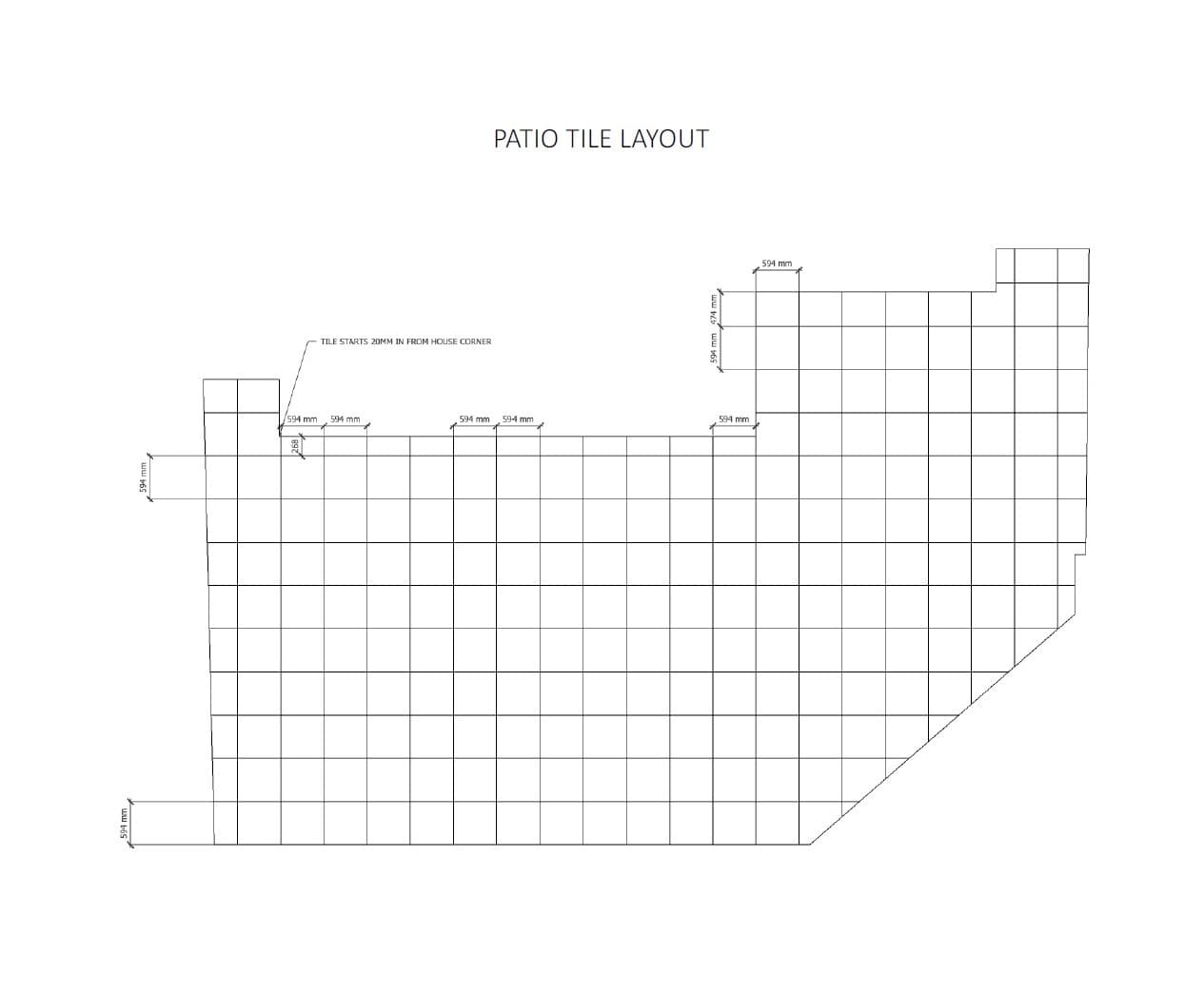 iGarden Vision patio tile layout technical drawing with 594mm tile measurements